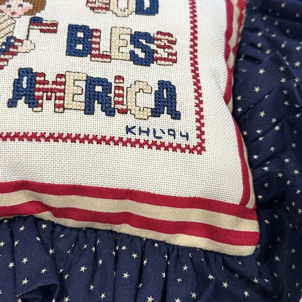 VTG Cross Stitch Pillow 12x10 Inch God Bless America‎ USA Ruffle Red White Blue